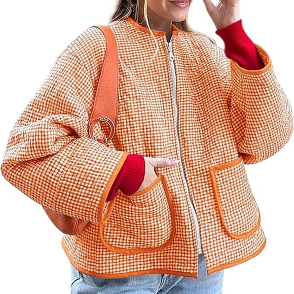Yousify Womens Jackets Fall Fashion 2025 Crew Neck Quilted Plaid Jacket Full Zip - Picture 1 of 4